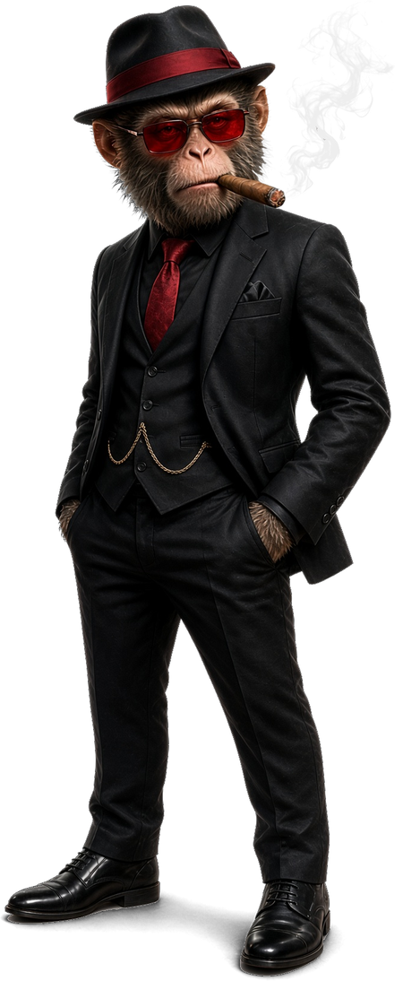 OTB Funded mascot: a monkey in a black three-piece suit, red-tinted glasses and a fedora, smoking a cigar